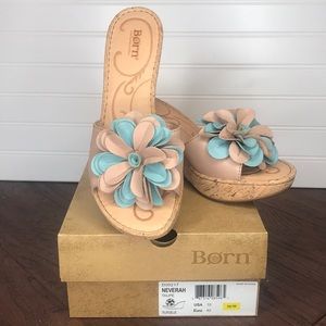 Børn Neverah Cork Wedge in Taupe and Blue